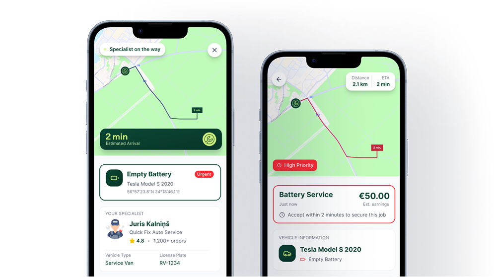 Tiravu app shown on a smartphone, with screens for both drivers requesting help and providers accepting jobs